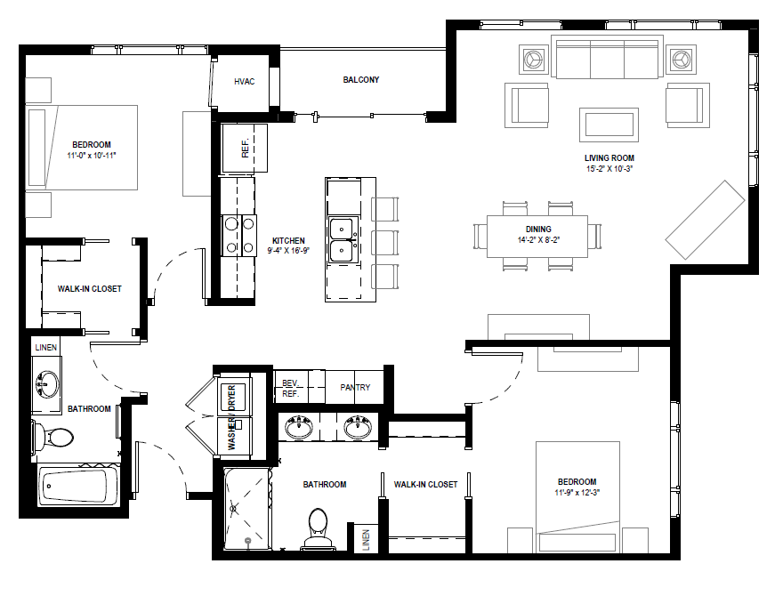 Floor plan for 2 beds, 2 baths, 1215 sqft