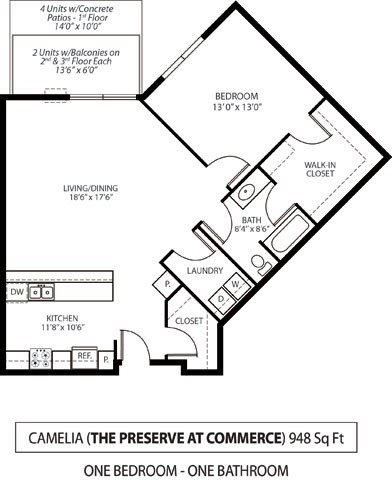 Floor plan for 1 bed, 1 bath, 948 sqft