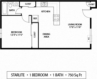 Floor plan for 1 bed, 1 bath, 700 sqft