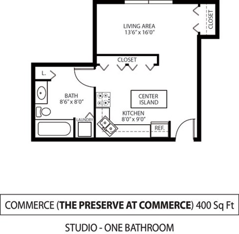 Floor plan for studio, 1 bath, 400 sqft