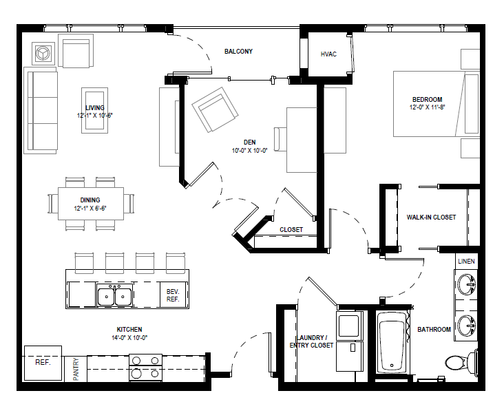 Floor plan for 1 bed, 1 bath, 960 sqft
