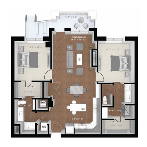 Floor plan for 2 beds, 2 baths, 1304 sqft