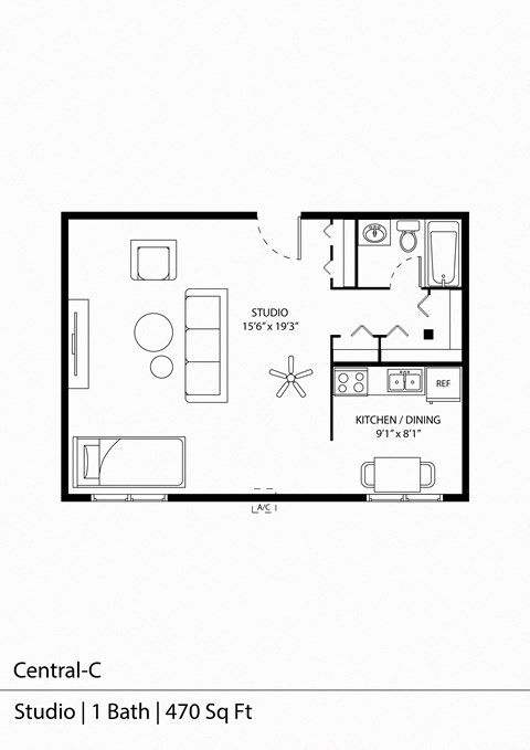 Floor plan for studio, 1 bath, 470 sqft