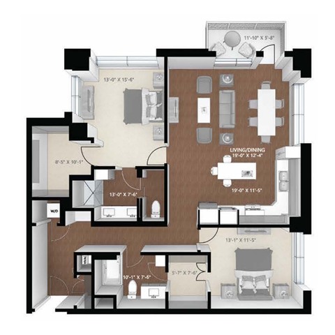 Floor plan for 2 beds, 2 baths, 1378 sqft