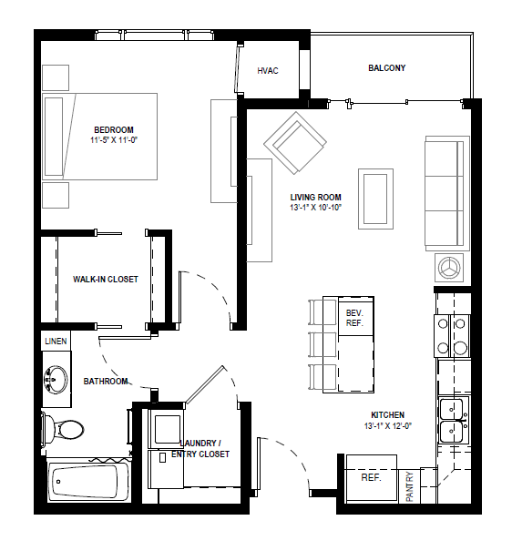 Floor plan for 1 bed, 1 bath, 685 sqft