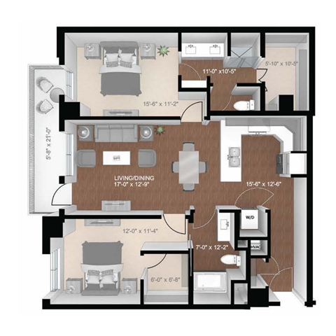 Floor plan for 2 beds, 2 baths, 1238 sqft