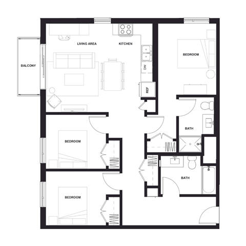 Floor plan for 3 beds, 2 baths, 1132 sqft