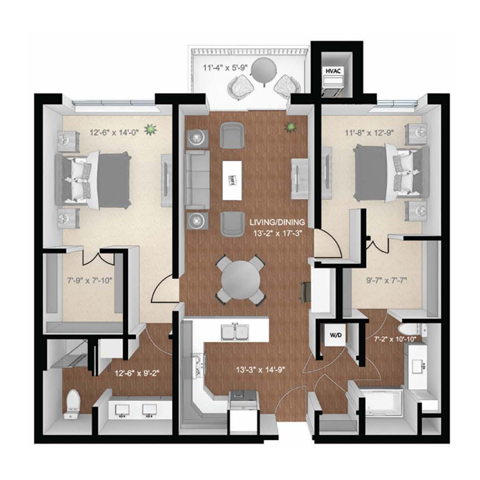 Floor plan for 2 beds, 2 baths, 1328 sqft