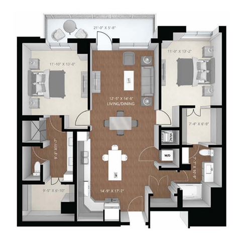 Floor plan for 2 beds, 2 baths, 1205 sqft