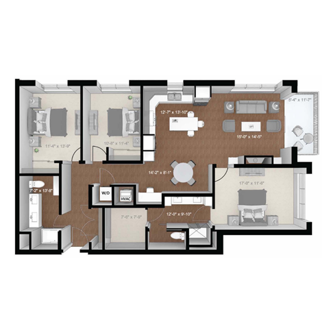 Floor plan for 3 beds, 2 baths, 1595 sqft