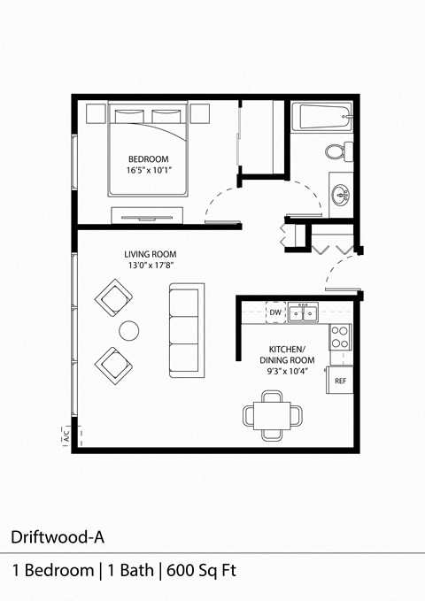 Floor plan for 1 bed, 1 bath, 645 sqft
