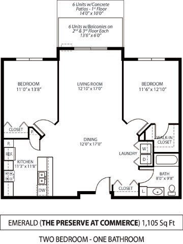 Floor plan for 2 beds, 1 bath, 1105 sqft