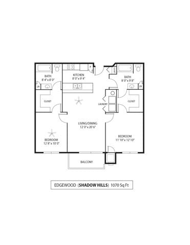 Floor plan for 2 beds, 2 baths, 1070 sqft