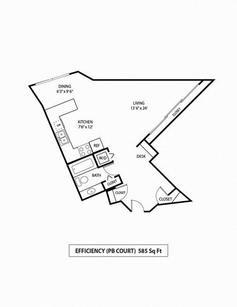 Floor plan for studio, 1 bath, 585 sqft