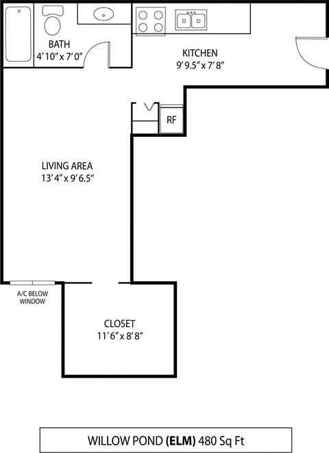 Floor plan for studio, 1 bath, 480 sqft