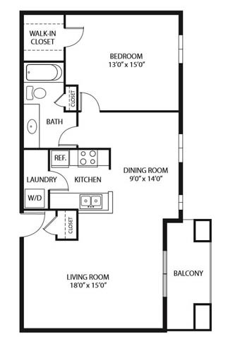 Floor plan for 1 bed, 1 bath, 856 sqft