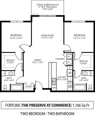 Floor plan for 2 beds, 2 baths, 1166 sqft