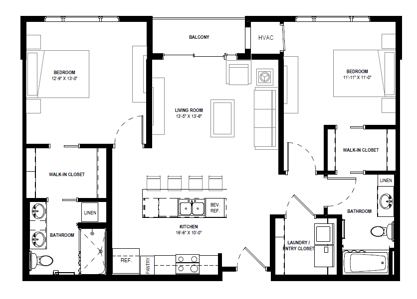 Floor plan for 2 beds, 2 baths, 1080 sqft