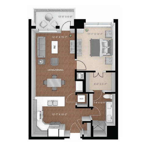 Floor plan for 1 bed, 1 bath, 811 sqft