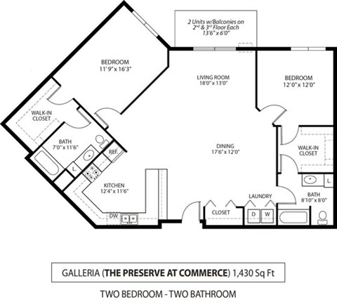 Floor plan for 2 beds, 2 baths, 1430 sqft