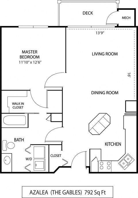 Floor plan for 1 bed, 1 bath, 792 sqft