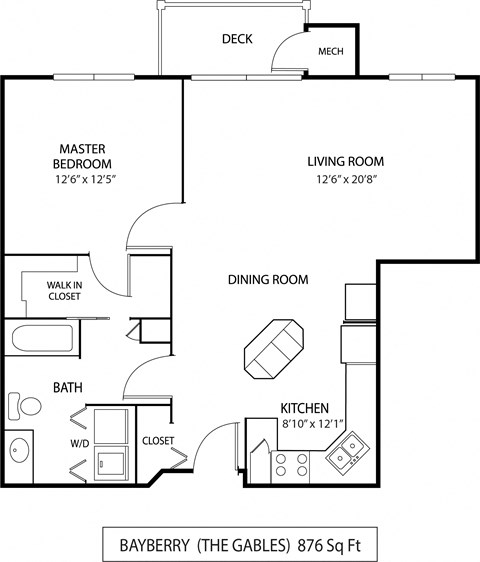Floor plan for 1 bed, 1 bath, 876 sqft