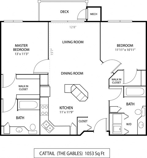 Floor plan for 2 beds, 2 baths, 1053 sqft