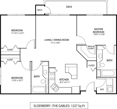 Floor plan for 3 beds, 2 baths, 1227 sqft