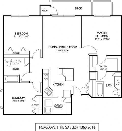 Floor plan for 3 beds, 2 baths, 1360 sqft