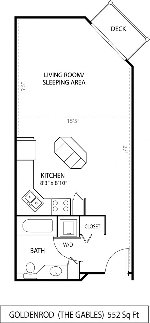 Floor plan for studio, 1 bath, 522 sqft
