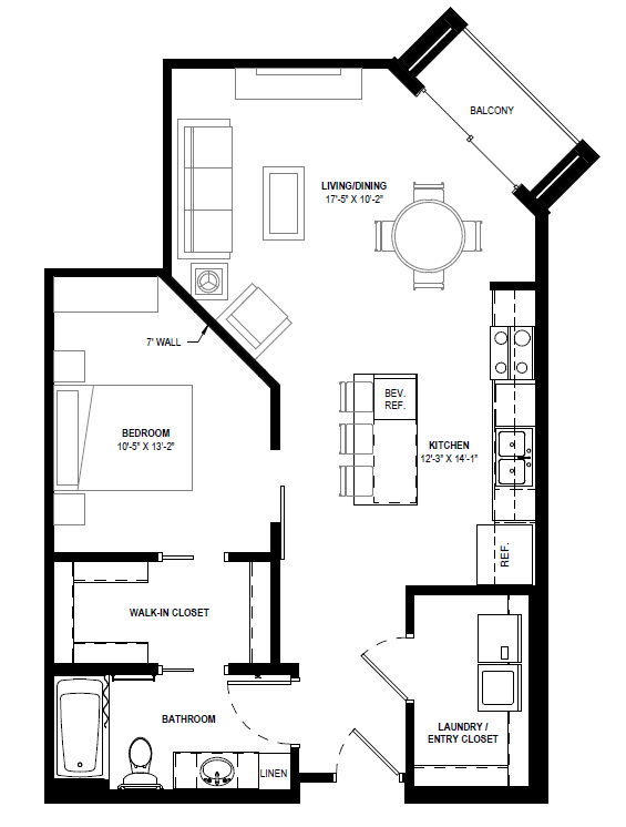 Floor plan for 1 bed, 1 bath, 770 sqft