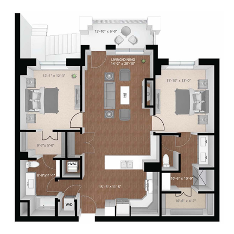 Floor plan for 2 beds, 2 baths, 1307 sqft