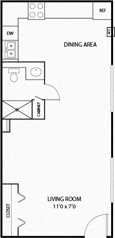Floor plan for studio, 1 bath, 275 sqft