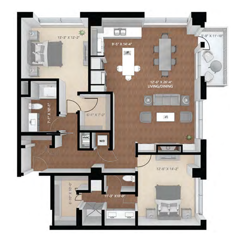Floor plan for 2 beds, 2 baths, 1469 sqft