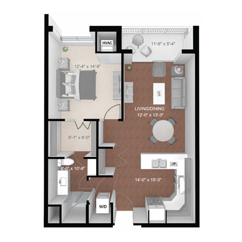 Floor plan for 1 bed, 1 bath, 809 sqft