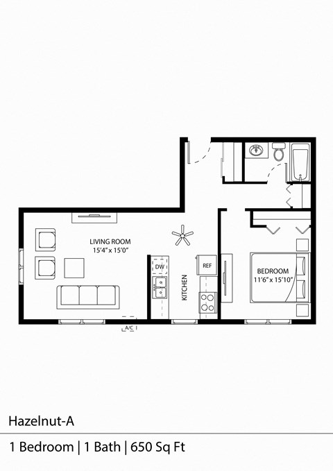 Floor plan for 1 bed, 1 bath, 655 sqft