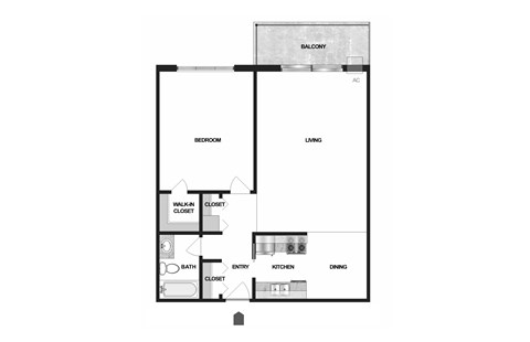 Floor plan for 1 bed, 1 bath, 748 sqft