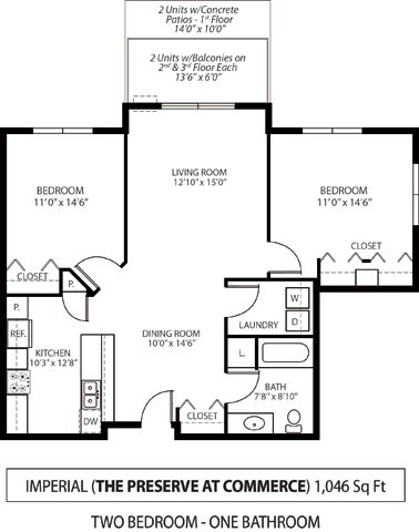 Floor plan for 2 beds, 1 bath, 1046 sqft