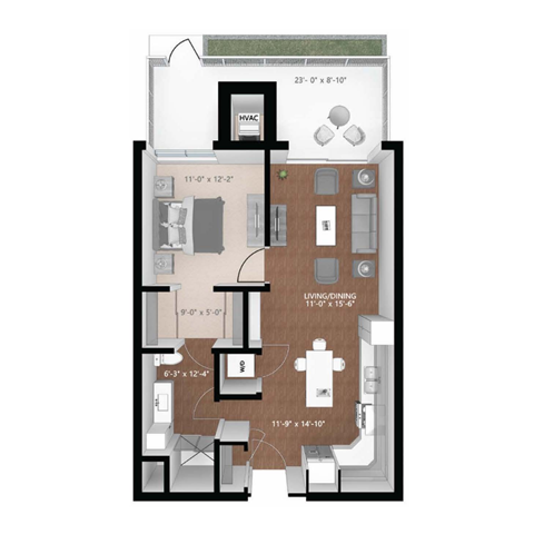 Floor plan for 1 bed, 1 bath, 754 sqft
