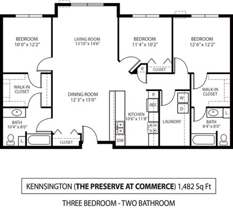 Floor plan for 3 beds, 2 baths, 1482 sqft