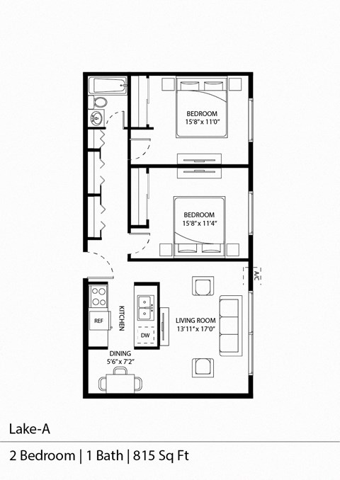Floor plan for 2 beds, 1 bath, 815 sqft