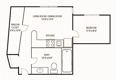 Floor plan for studio, 1 bath, 520 sqft