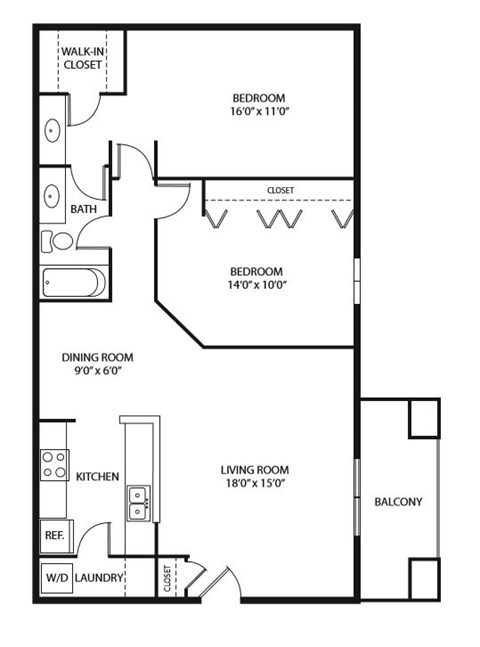 Floor plan for 2 beds, 1 bath, 1034 sqft
