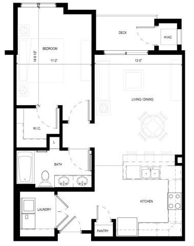 Floor plan for 1 bed, 1 bath, 788 sqft