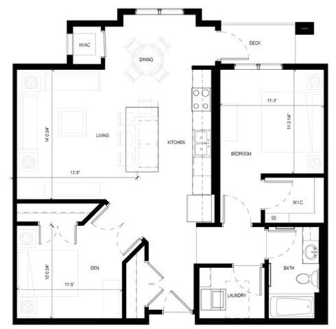 Floor plan for 1 bed, 1 bath, 1038 sqft