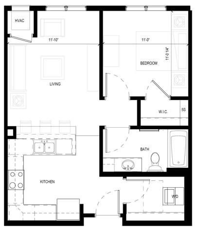 Floor plan for 1 bed, 1 bath, 669 sqft