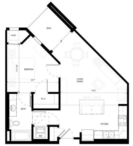 Floor plan for 1 bed, 1 bath, 715 sqft