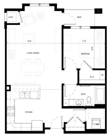 Floor plan for 1 bed, 1 bath, 828 sqft