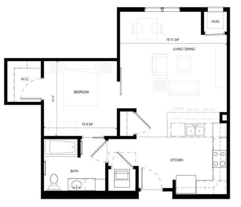 Floor plan for 1 bed, 1 bath, 728 sqft