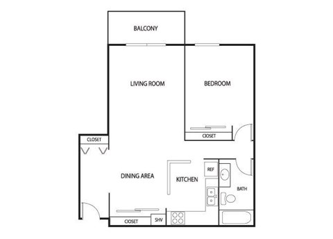 Floor plan for 1 bed, 1 bath, 748 sqft